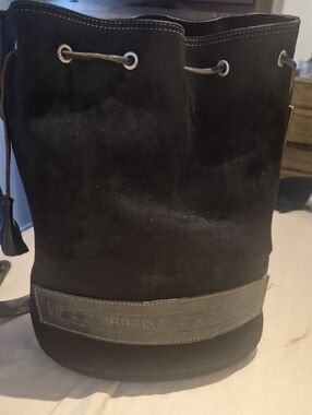 Rugby Black Suede Drawstring Bucket Messenger Bag